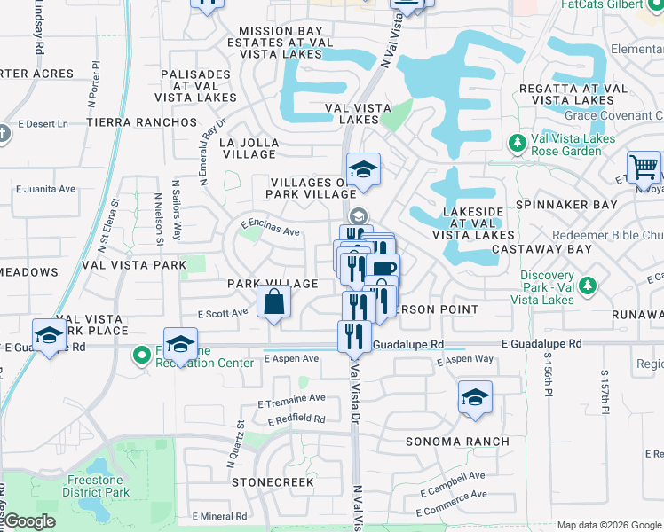 map of restaurants, bars, coffee shops, grocery stores, and more near 1546 East Harvard Avenue in Gilbert