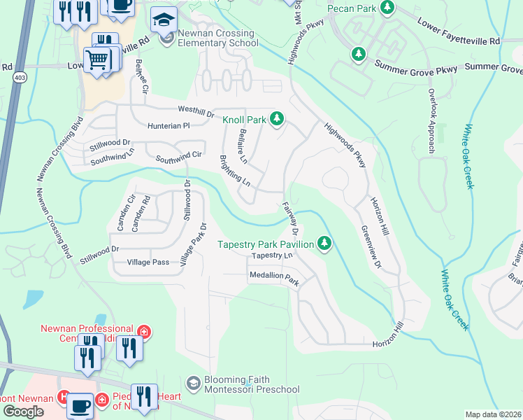 map of restaurants, bars, coffee shops, grocery stores, and more near 22 Keystone Circle in Newnan