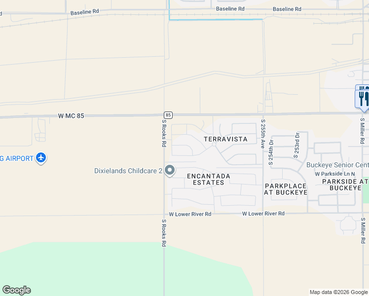 map of restaurants, bars, coffee shops, grocery stores, and more near 25830 West Desert Drive in Buckeye