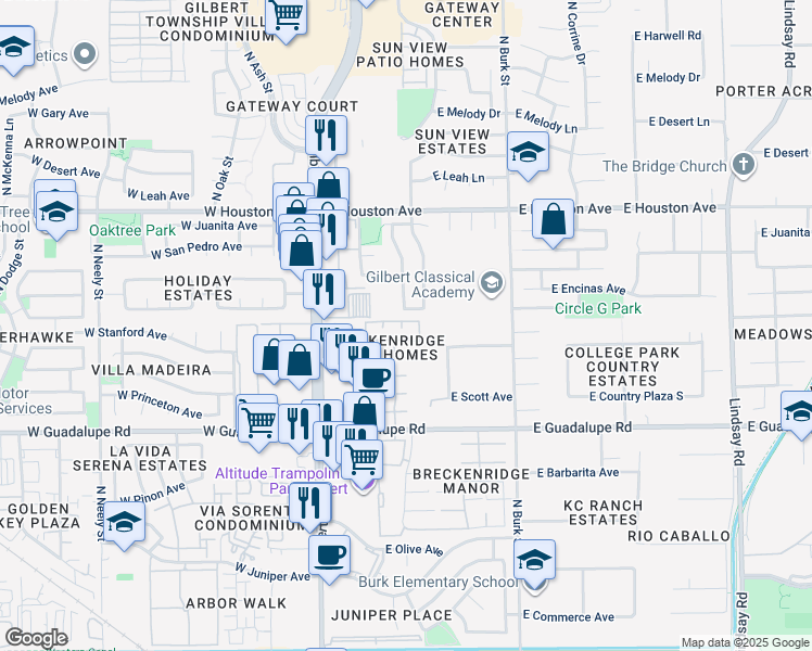 map of restaurants, bars, coffee shops, grocery stores, and more near 170 East Guadalupe Road in Gilbert
