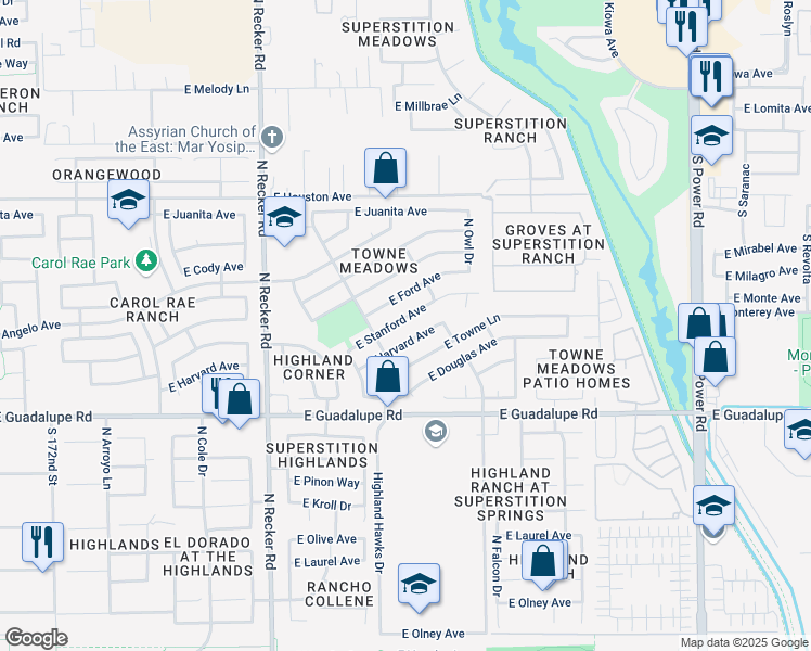 map of restaurants, bars, coffee shops, grocery stores, and more near 4244 East Harvard Avenue in Gilbert