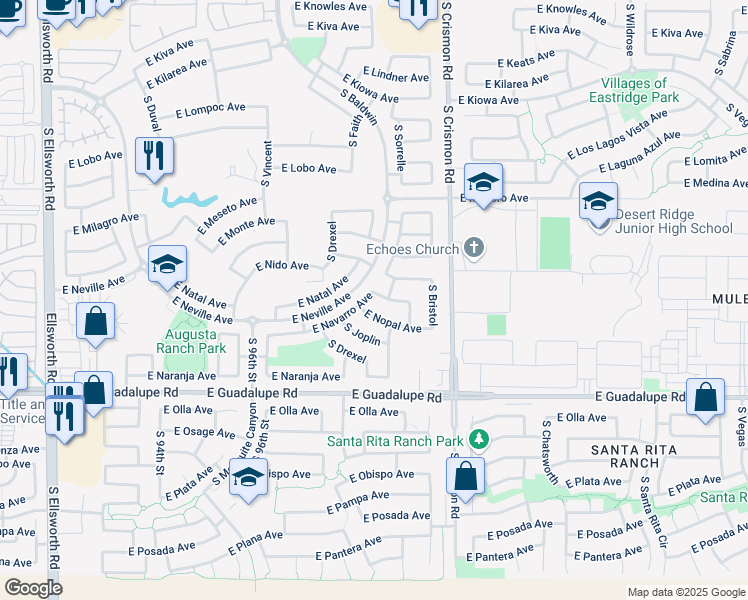map of restaurants, bars, coffee shops, grocery stores, and more near 9833 East Nopal Avenue in Mesa