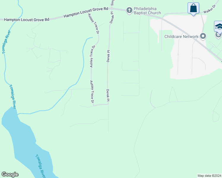map of restaurants, bars, coffee shops, grocery stores, and more near 698 Derek Place in Locust Grove