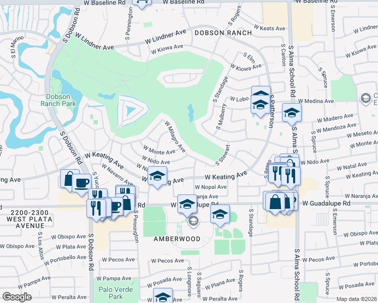 map of restaurants, bars, coffee shops, grocery stores, and more near 1613 West Nido Avenue in Mesa