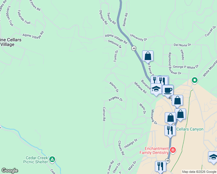 map of restaurants, bars, coffee shops, grocery stores, and more near 102 Klamath Road in Ruidoso