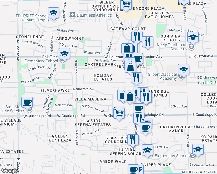 map of restaurants, bars, coffee shops, grocery stores, and more near 931 North Evergreen Circle in Gilbert