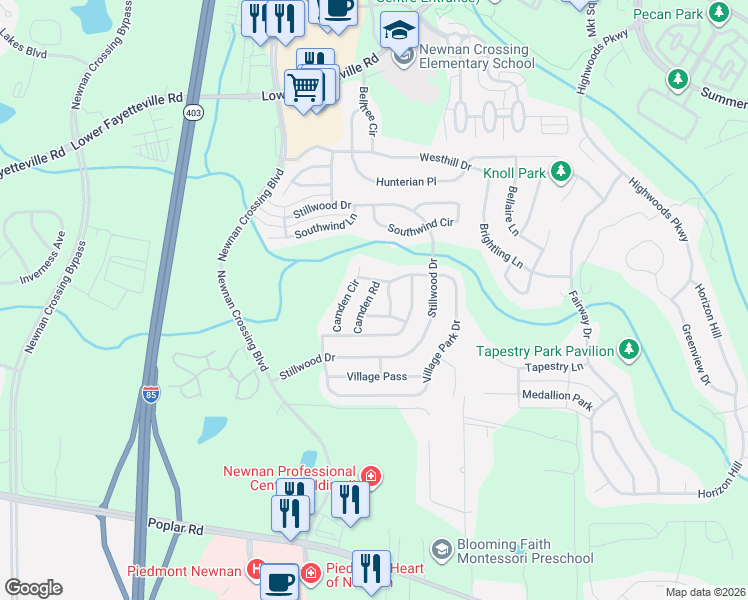 map of restaurants, bars, coffee shops, grocery stores, and more near 23 Camden Way in Newnan