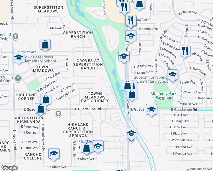 map of restaurants, bars, coffee shops, grocery stores, and more near 945 North Blackbird Drive in Gilbert