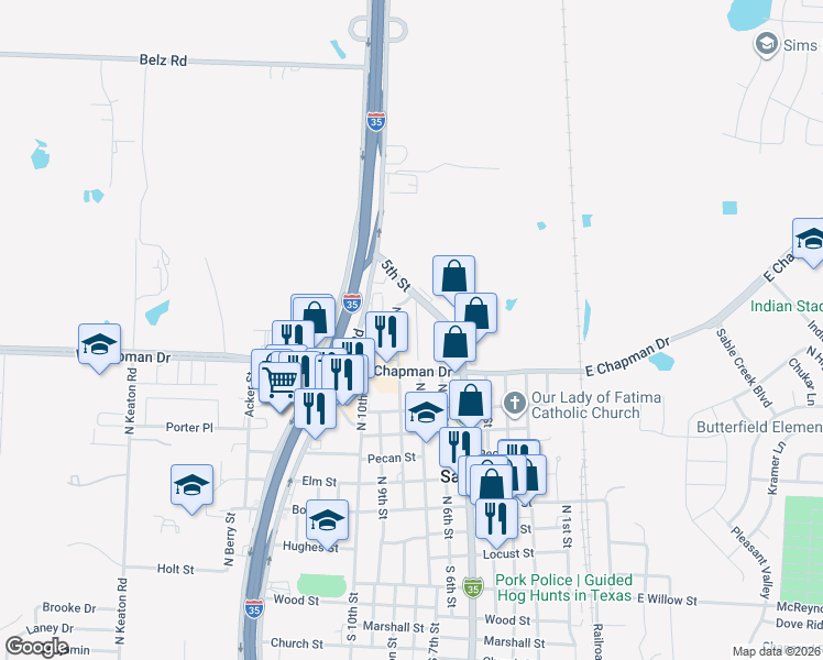 map of restaurants, bars, coffee shops, grocery stores, and more near 909 North 7th Street in Sanger