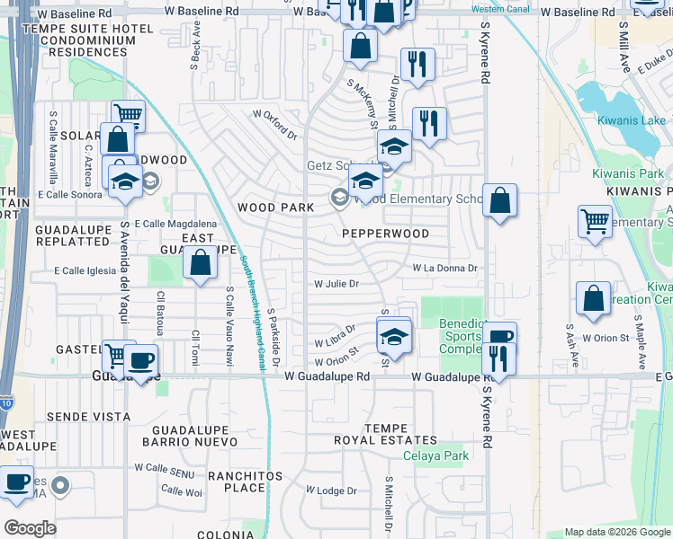 map of restaurants, bars, coffee shops, grocery stores, and more near 834 West Julie Drive in Tempe