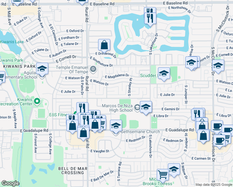 map of restaurants, bars, coffee shops, grocery stores, and more near 1046 East Westchester Drive in Tempe