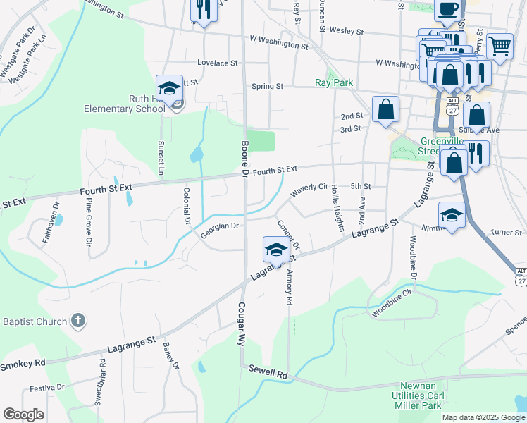 map of restaurants, bars, coffee shops, grocery stores, and more near 3 Linden Drive in Newnan