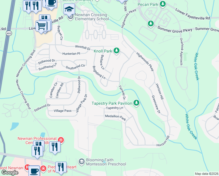 map of restaurants, bars, coffee shops, grocery stores, and more near 22 Keystone Circle in Newnan
