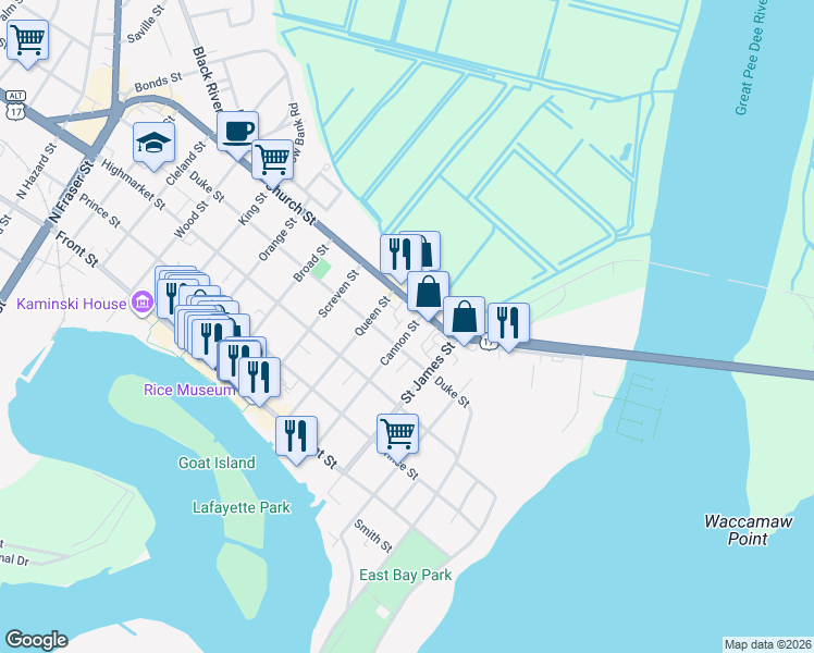 map of restaurants, bars, coffee shops, grocery stores, and more near 502 Duke Street in Georgetown