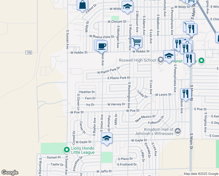 map of restaurants, bars, coffee shops, grocery stores, and more near Heights Drive in Roswell
