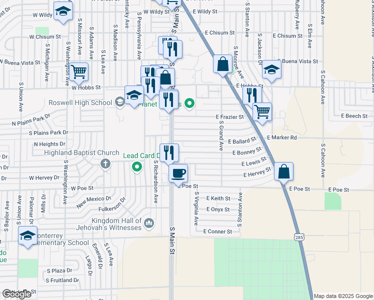 map of restaurants, bars, coffee shops, grocery stores, and more near 109 East Bonney Street in Roswell