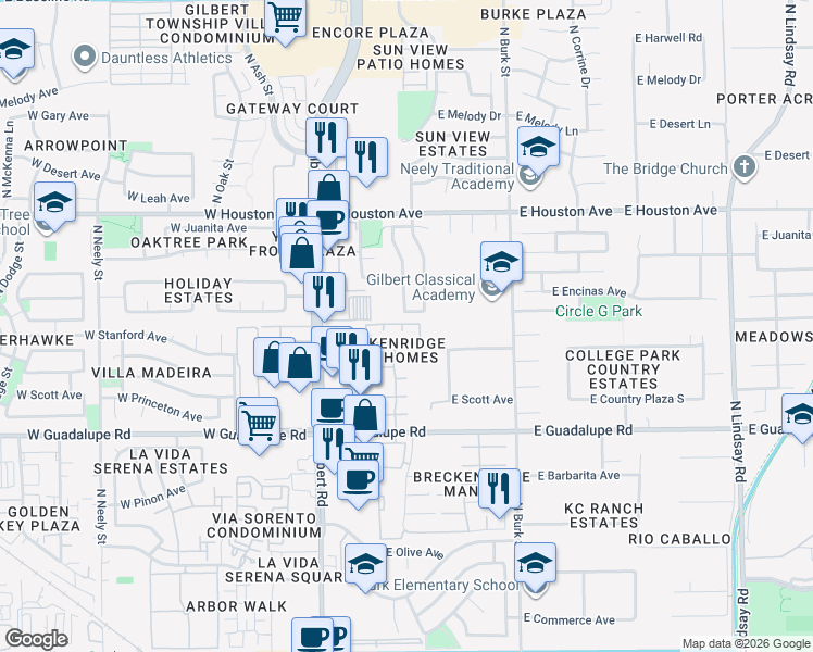 map of restaurants, bars, coffee shops, grocery stores, and more near Unnamed Road in Gilbert
