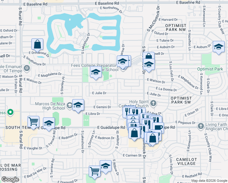 map of restaurants, bars, coffee shops, grocery stores, and more near 1421 East Julie Drive in Tempe