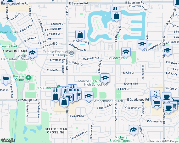 map of restaurants, bars, coffee shops, grocery stores, and more near 1046 East Westchester Drive in Tempe