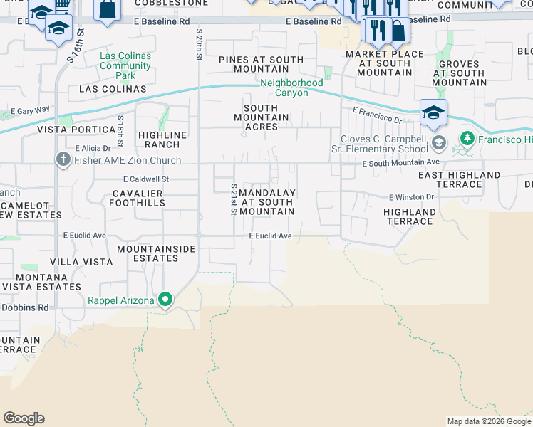 map of restaurants, bars, coffee shops, grocery stores, and more near 2138 East Desert Drive in Phoenix