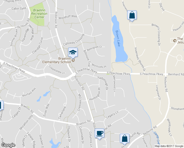 map of restaurants, bars, coffee shops, grocery stores, and more near 1704 Yarborough Drive in Peachtree City