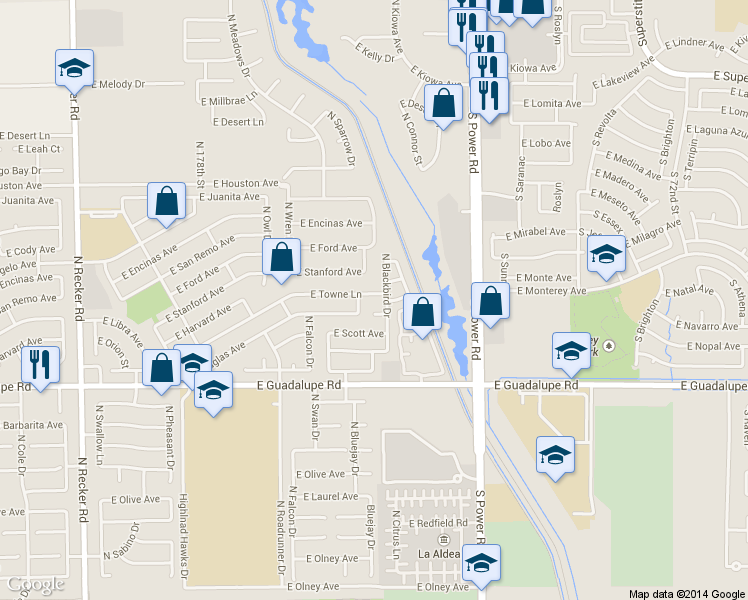 map of restaurants, bars, coffee shops, grocery stores, and more near 4605 East Towne Lane in Gilbert