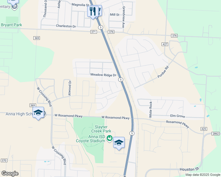 map of restaurants, bars, coffee shops, grocery stores, and more near Penaflor Drive in Anna
