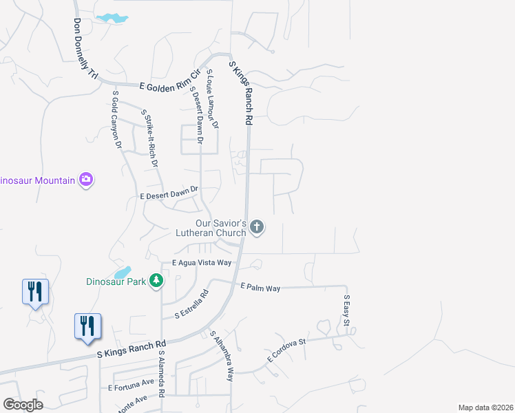 map of restaurants, bars, coffee shops, grocery stores, and more near 5199 South Kings Ranch Road in Gold Canyon