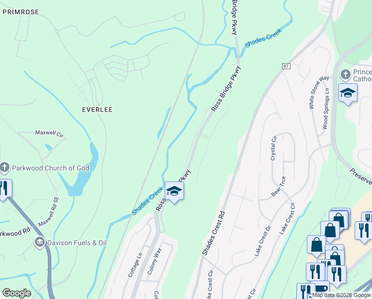map of restaurants, bars, coffee shops, grocery stores, and more near 4589 McGill Terrace in Hoover