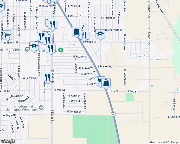 map of restaurants, bars, coffee shops, grocery stores, and more near 316 East Bonney Street in Roswell