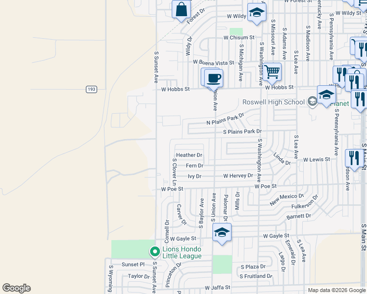 map of restaurants, bars, coffee shops, grocery stores, and more near 1901-1951 S Clover Ln in Roswell