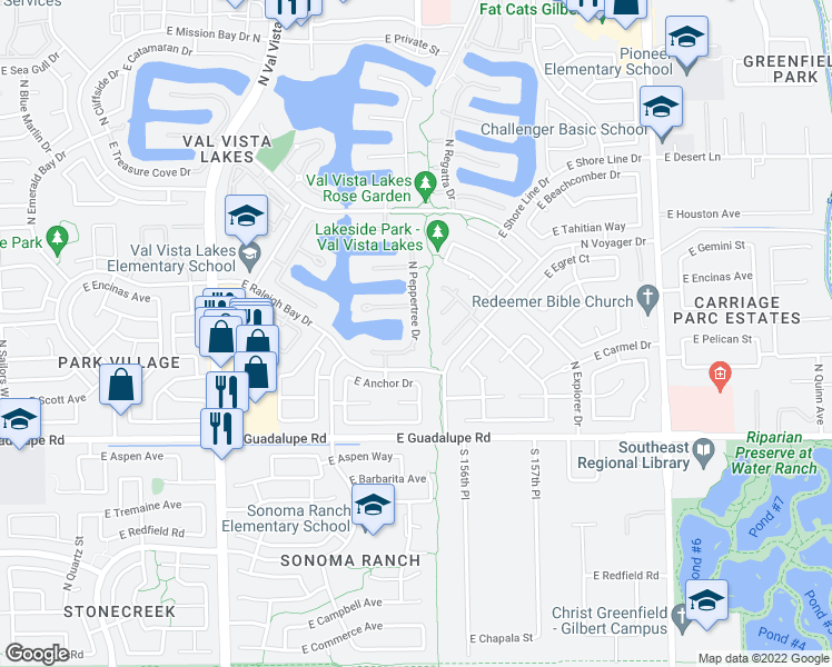 map of restaurants, bars, coffee shops, grocery stores, and more near 948 North Peppertree Drive in Gilbert