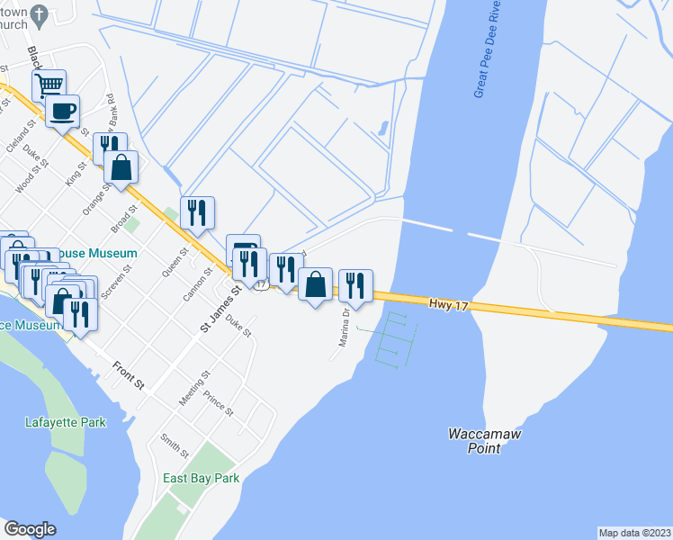 map of restaurants, bars, coffee shops, grocery stores, and more near 210 Church Street in Georgetown