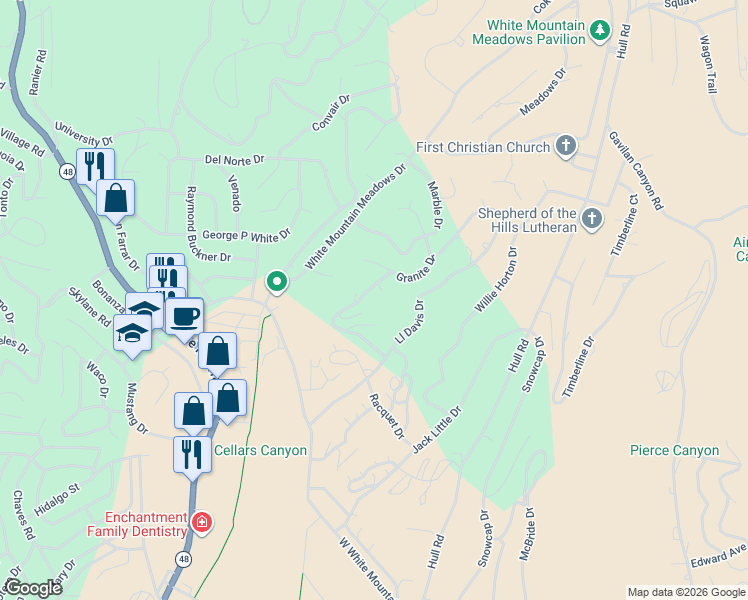 map of restaurants, bars, coffee shops, grocery stores, and more near 202 Klamath Road in Ruidoso