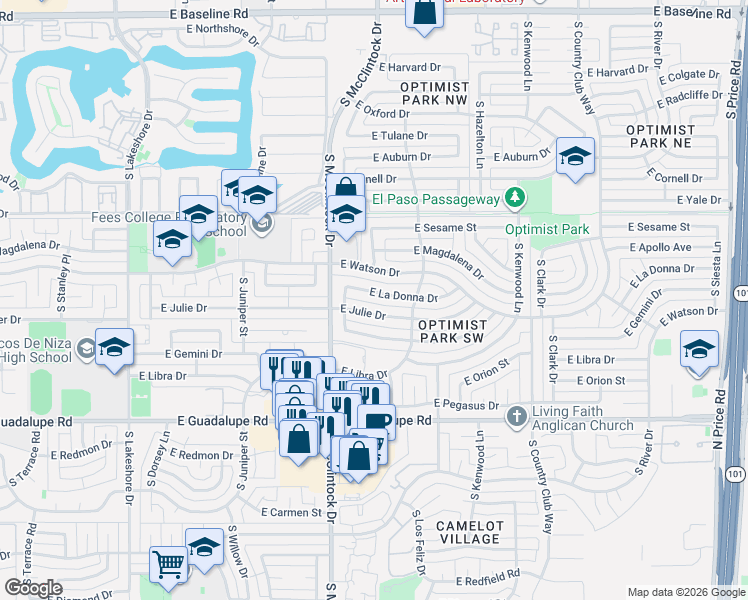 map of restaurants, bars, coffee shops, grocery stores, and more near 1851 East Julie Drive in Tempe