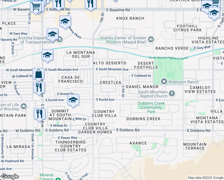 map of restaurants, bars, coffee shops, grocery stores, and more near 807 East Desert Drive South in Phoenix