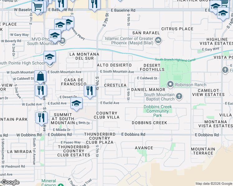 map of restaurants, bars, coffee shops, grocery stores, and more near 807 East Desert Drive South in Phoenix