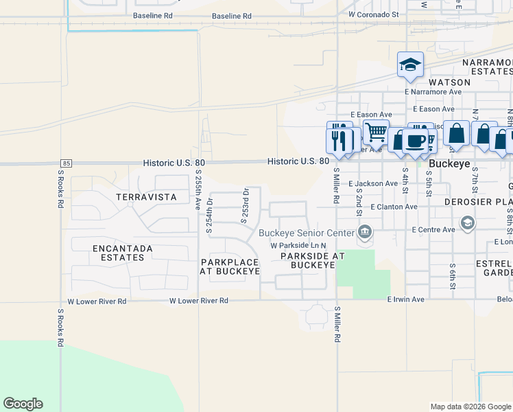 map of restaurants, bars, coffee shops, grocery stores, and more near 8658 South 253rd Drive in Buckeye