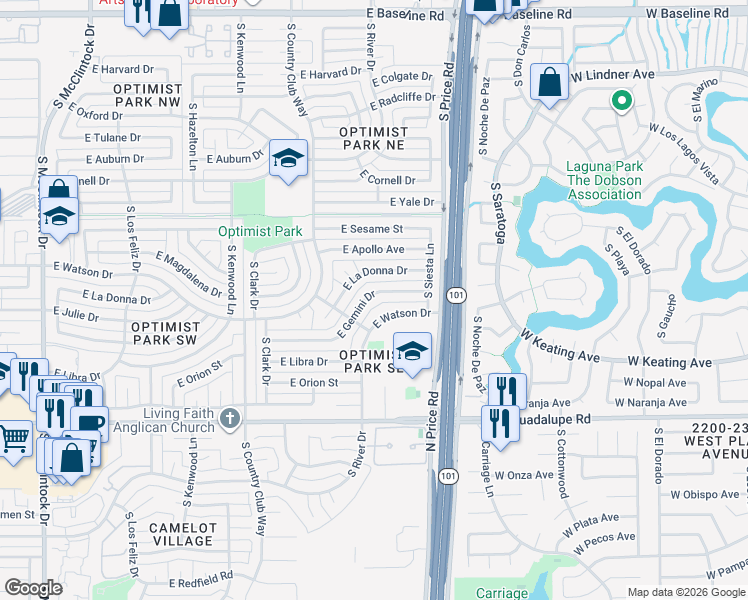 map of restaurants, bars, coffee shops, grocery stores, and more near 2114 East Watson Drive in Tempe
