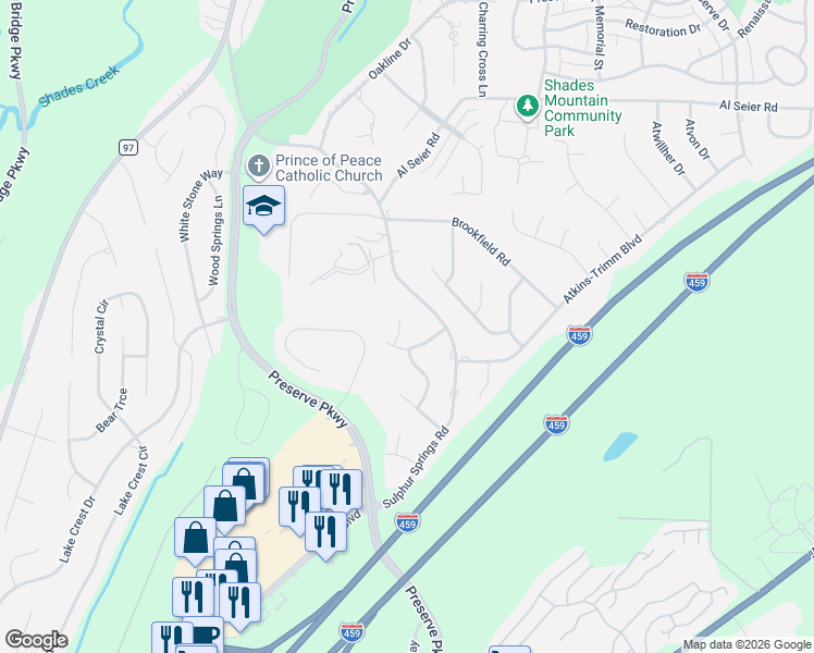 map of restaurants, bars, coffee shops, grocery stores, and more near 478 Marywood Lane in Birmingham