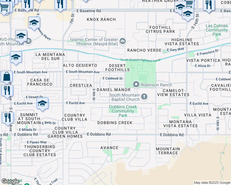 map of restaurants, bars, coffee shops, grocery stores, and more near 1113 East Desert Drive in Phoenix