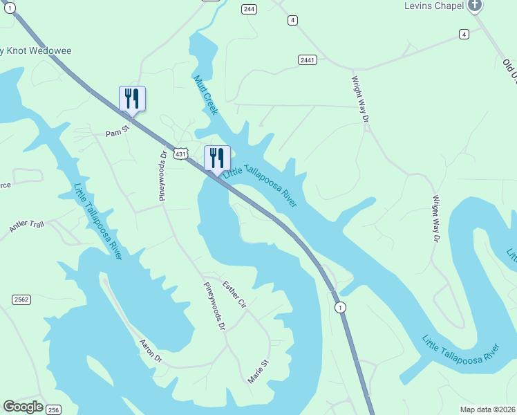 map of restaurants, bars, coffee shops, grocery stores, and more near 20815 U.S. 431 in Wedowee