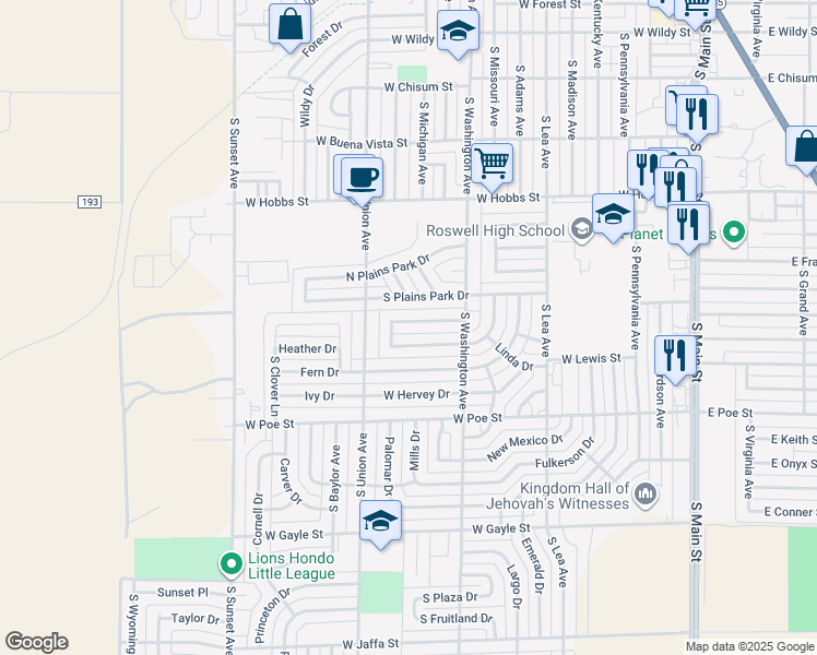 map of restaurants, bars, coffee shops, grocery stores, and more near 802 North Heights Drive in Roswell