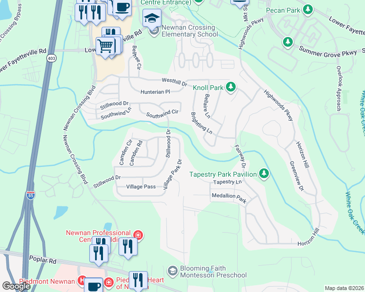 map of restaurants, bars, coffee shops, grocery stores, and more near 184 Village Park Drive in Newnan