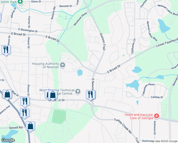map of restaurants, bars, coffee shops, grocery stores, and more near 280 Christian's Walk in Newnan