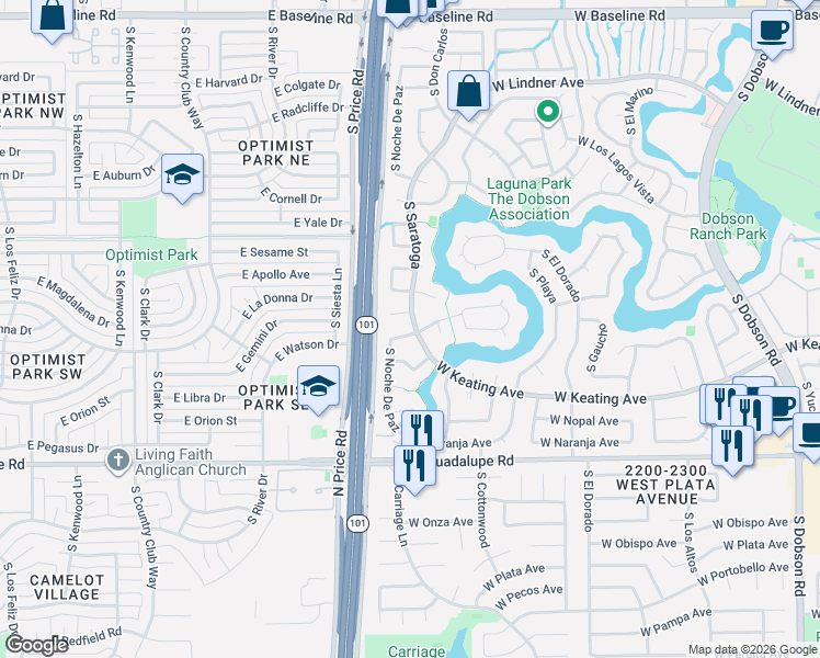 map of restaurants, bars, coffee shops, grocery stores, and more near 2730 West Nido Avenue in Mesa
