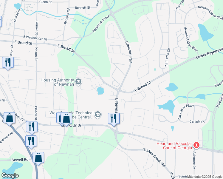 map of restaurants, bars, coffee shops, grocery stores, and more near 279 Christian's Walk in Newnan