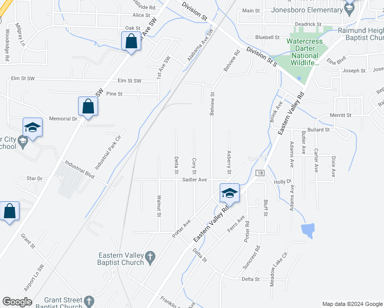 map of restaurants, bars, coffee shops, grocery stores, and more near 626 Cory Street in Bessemer