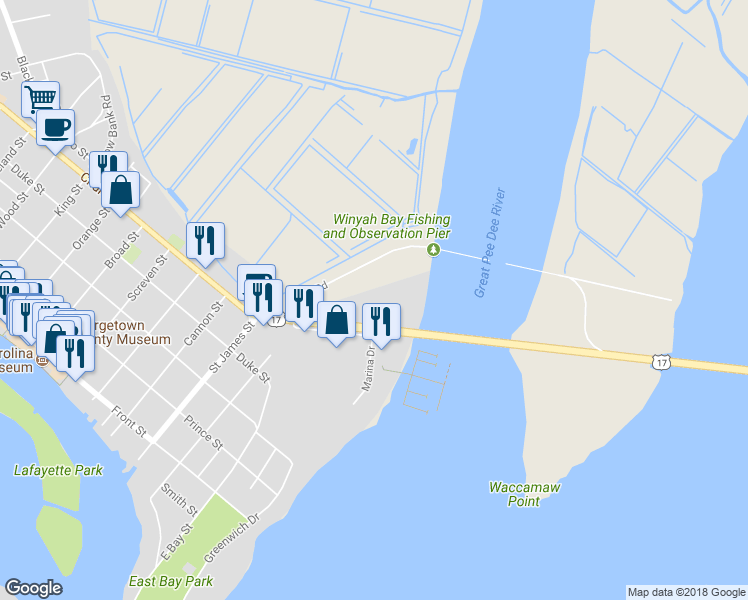 map of restaurants, bars, coffee shops, grocery stores, and more near 120 Church Street in Georgetown