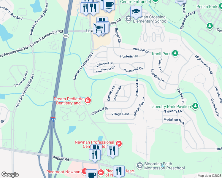 map of restaurants, bars, coffee shops, grocery stores, and more near 34 Camden Circle in Newnan